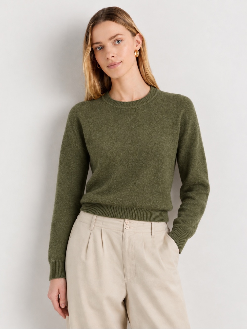 OAK + FORT Olive Crewneck Sweater Cashmere Blend